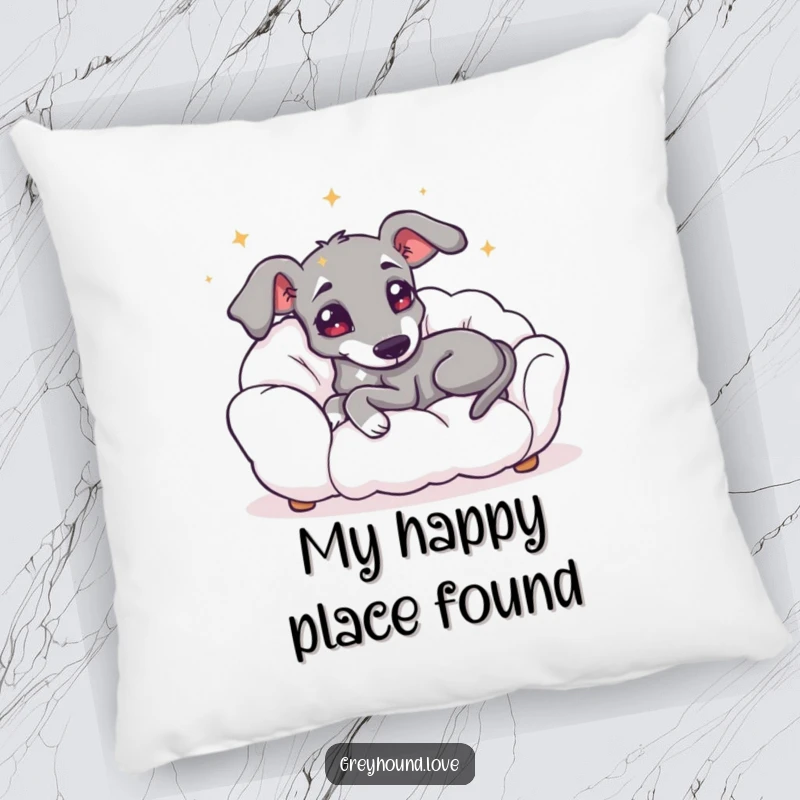 Funny pillow showcasing a greyhound with starry eyes blissfully lounging on a soft cloud, bringing dreamlike comfort.