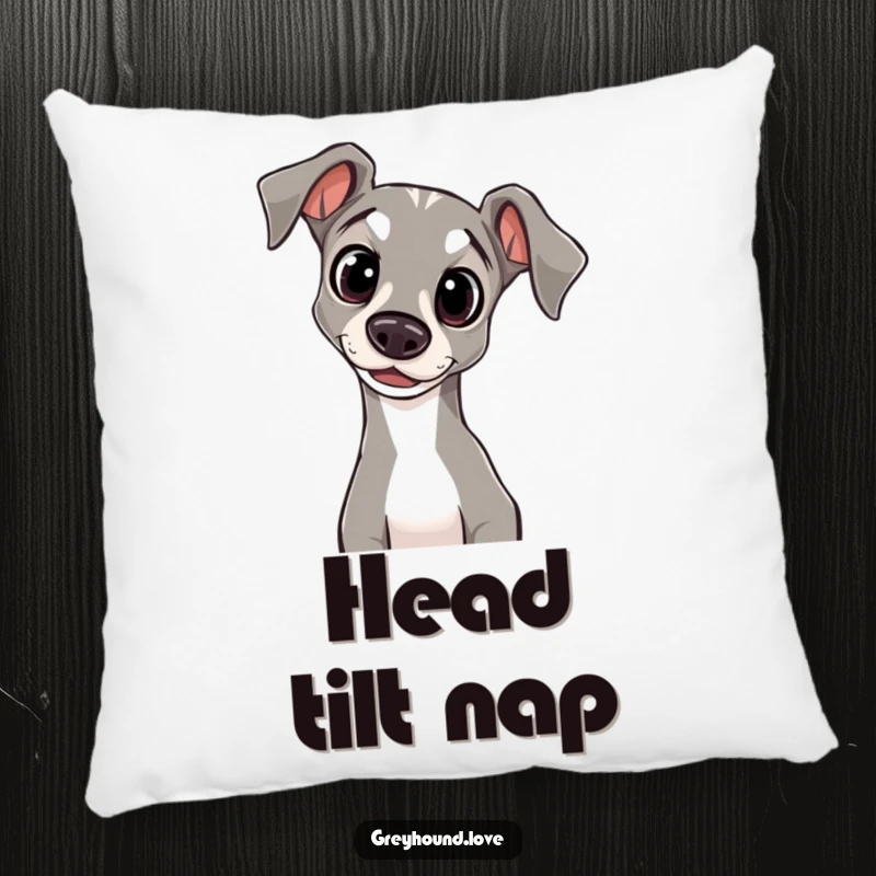 Funny Pillow featuring a greyhound with wide, innocent eyes, its head tilted in a charming pose of curiosity.