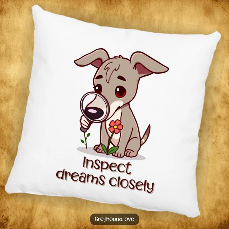 Funny Greyhound Pillow: A plush pillow showing a greyhound examining a flower with a magnifying glass.