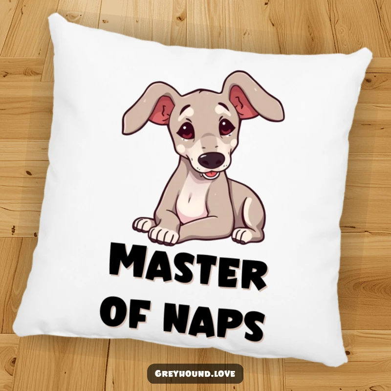 Funny greyhound with large ears playfully flopping onto its side, featured on a soft, decorative pillow.