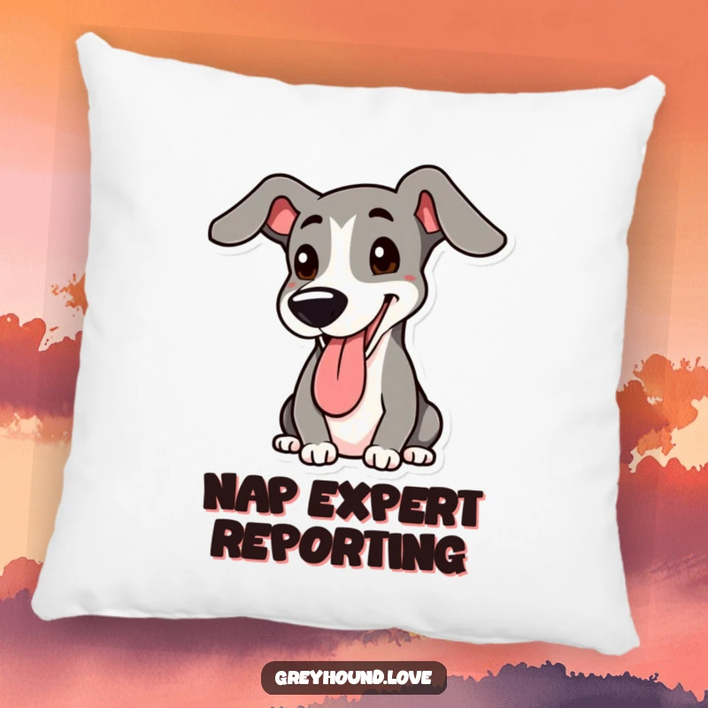 Funny Greyhound Pillow: A cute greyhound happily panting with one ear up, adding a touch of canine charm to any room.