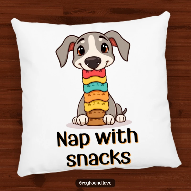 Funny greyhound biscuit balance pillow, soft and decorative, featuring a dog balancing colorful dog biscuits.