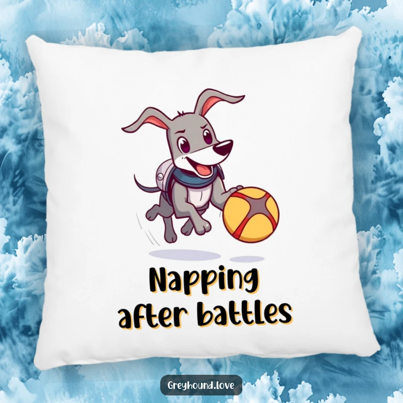 Funny Knight Greyhound Pillow: A happy greyhound in comical armor chases a bouncing ball, offering soft comfort and playful charm.