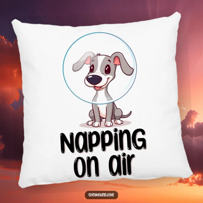 Funny Pillow: A plush pillow displaying a greyhound playfully booping a big bubble with its wet nose, very cute.