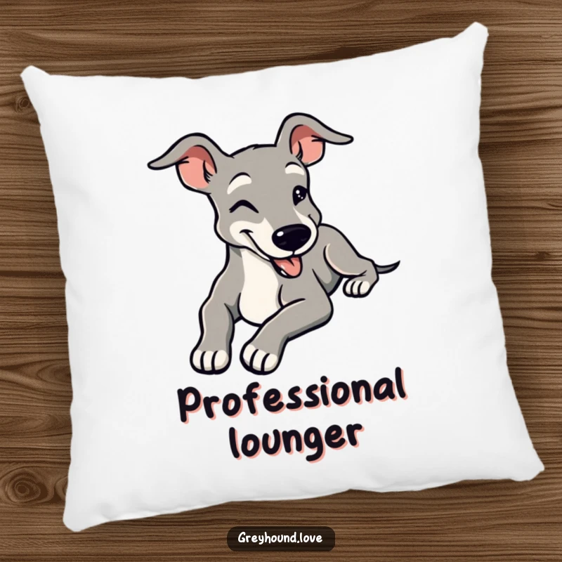 Funny pillow designed with a stylized greyhound stretching languidly with a contented smile, offering soft comfort and serene vibes.