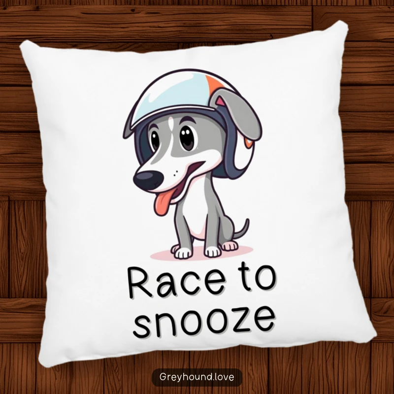 Funny pillow featuring a greyhound in a tiny racing helmet, tongue lolling, perfect for cozy relaxation.