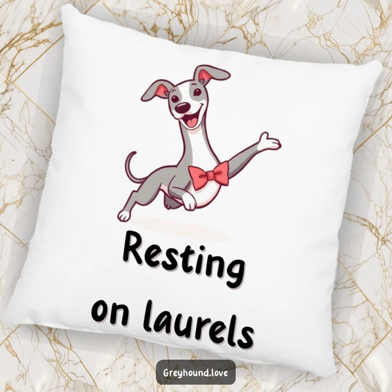 Funny pillow depicting a greyhound wearing a small bowtie, sliding heroically into a winning pose, radiating happiness.