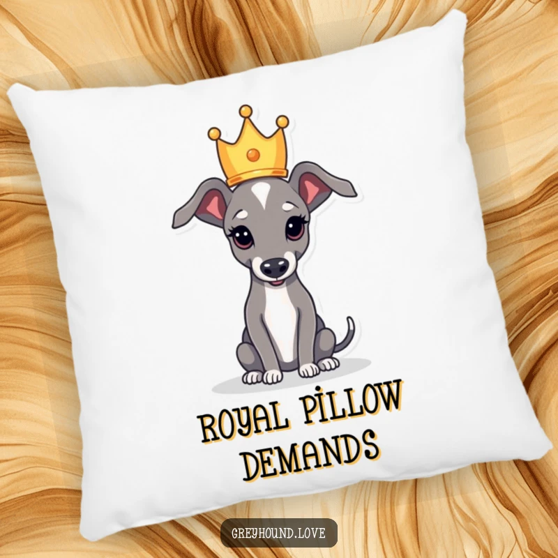 Funny pillow with a greyhound elegantly wearing a tiny crown, blending regal comfort with humorous appeal.