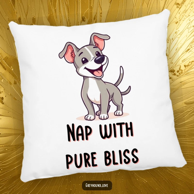 A soft pillow adorned with a greyhound enthusiastically wagging its tail, offering pure canine comfort.