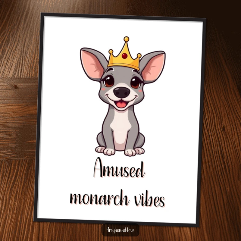 Funny digital art: An amused greyhound wearing a small crown, exuding regal charm. Instant wall decor.