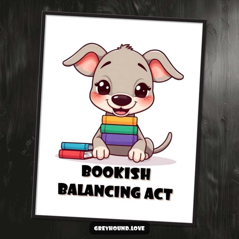 Funny Greyhound Digital Art: A happy greyhound balances a small stack of books on its nose.