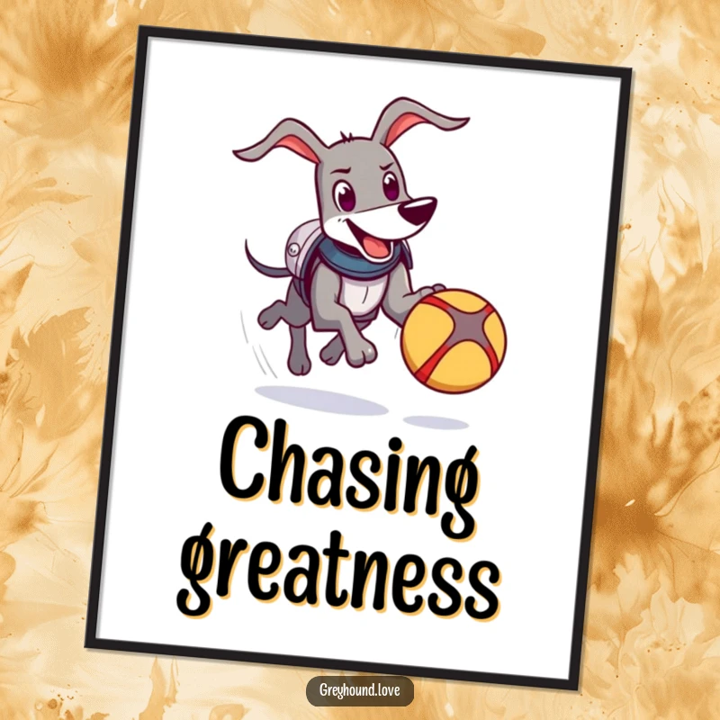 Funny Knight Greyhound Digital Art Print: A happy greyhound in comical armor chases a bouncing ball, depicting energetic fun and humor.