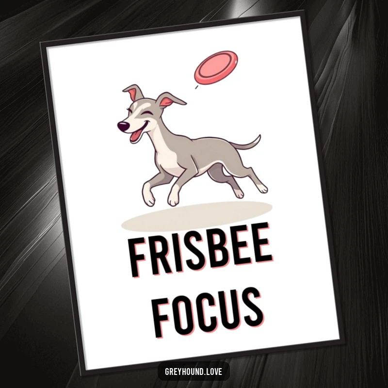 Funny DIGITAL ART PRINT: A greyhound winks playfully while catching a flying frisbee mid-air, perfect for humorous display.
