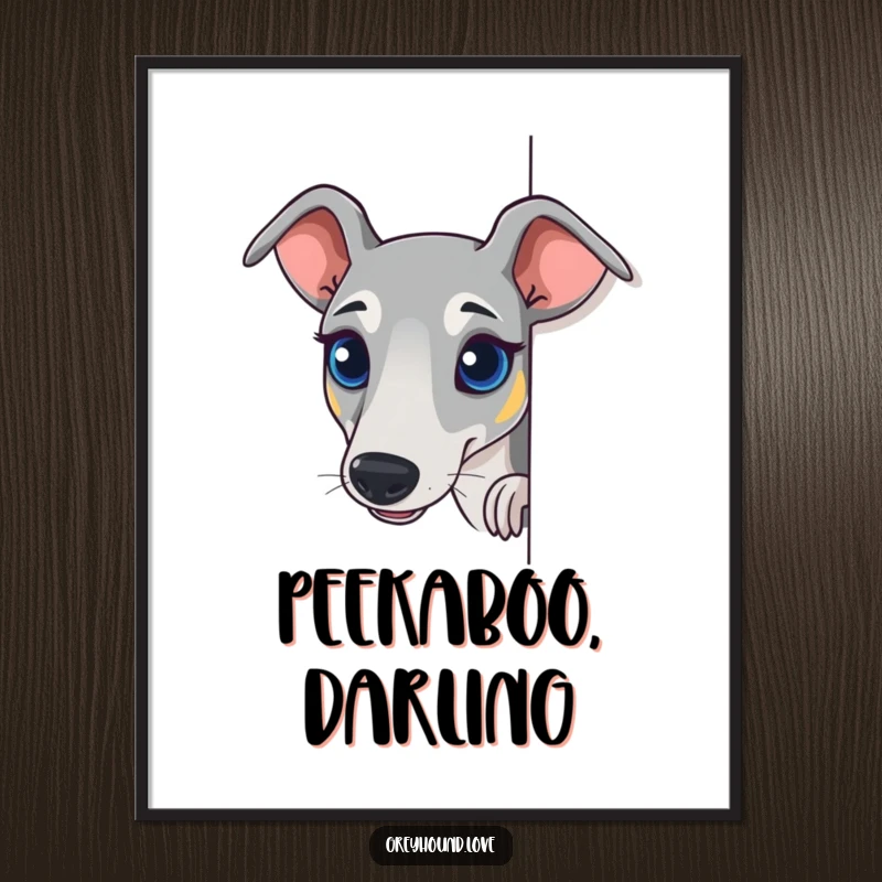 Funny Greyhound Digital Art Print of a dog peeking curiously, designed to bring humor and intrigue to any room.