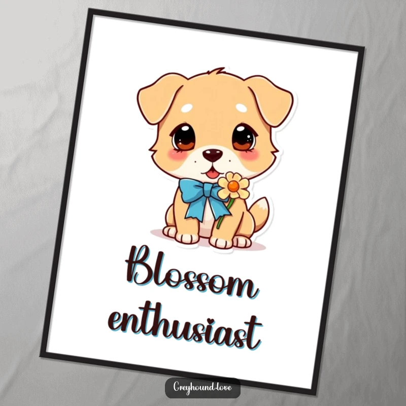 Funny Dog Digital Art Print: A dog with a bright ribbon collar eagerly sniffing a flower, evoking a sense of tranquility and simple pleasure.