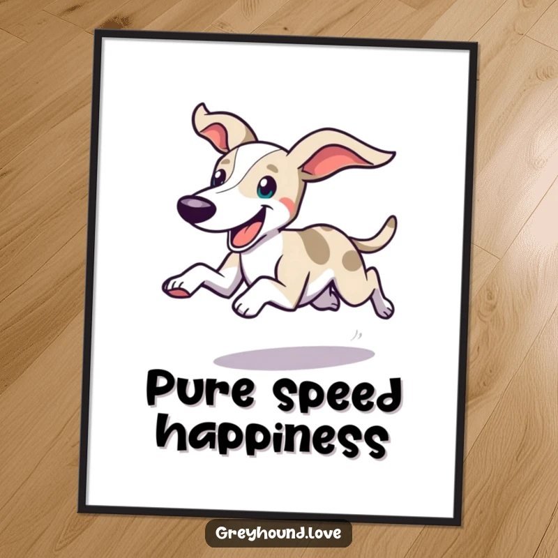 Funny digital art print of a swift greyhound dashing with ears flying and a happy expression, perfect for dynamic and joyful decor.