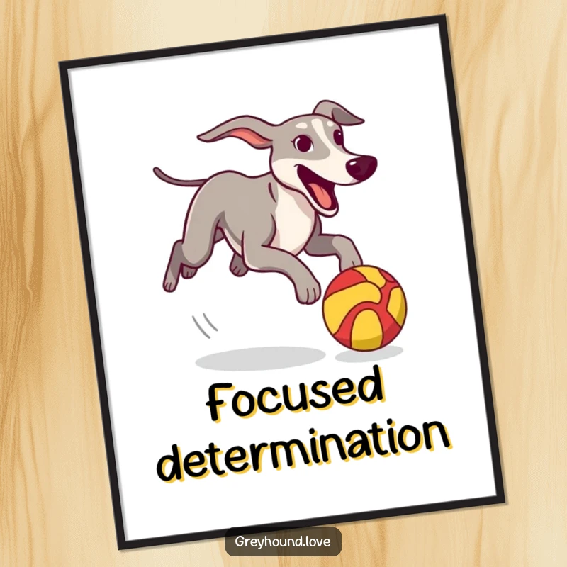 Funny Digital Art Print of a greyhound excitedly chasing a colorful, stylized ball, conveying athletic fun and playful energy.