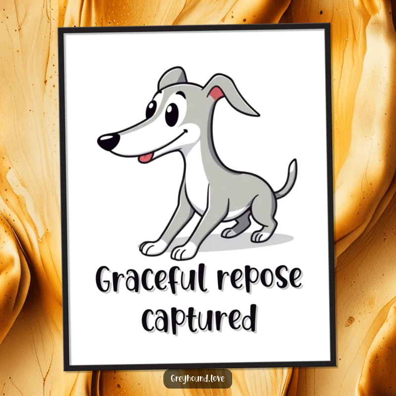 Funny Greyhound digital art print of a cute character in an elegant, smiling stretch, evoking serenity and humor.