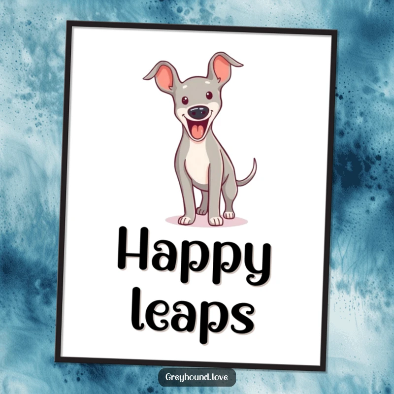 Funny DIGITAL ART PRINT: A greyhound character is mid-bound with an excited yip, perfect for energetic and humorous display.