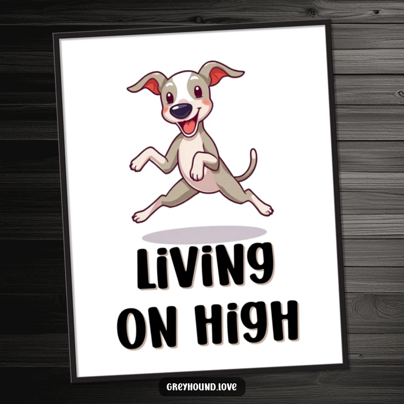 Funny Greyhound Digital Art Print: A greyhound in a playful zoomie with legs splayed, capturing speed and joy.