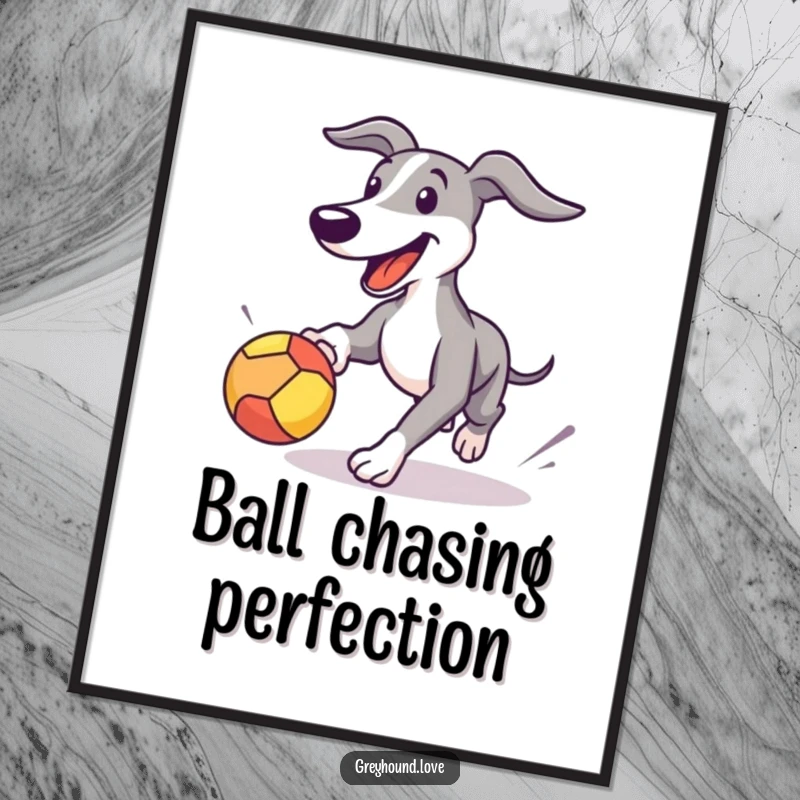 Funny Greyhound digital art print of a happy dog playfully chasing a bouncing ball, capturing movement and fun.