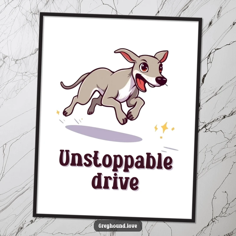 Funny digital art of a greyhound with a determined look sprinting towards a distant goal, ready for printing.