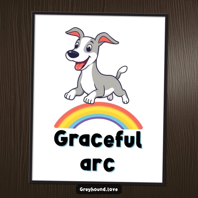Funny greyhound rainbow digital art print, a cheerful and colorful piece featuring a dog leaping over an arc.