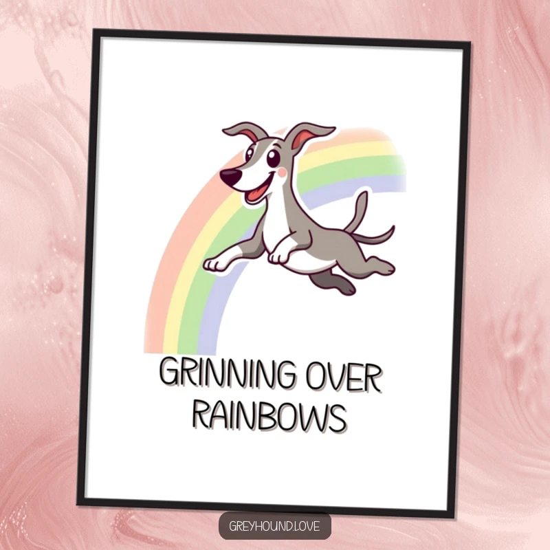 Funny digital art print of an excited greyhound character leaping over a rainbow with a happy grin.