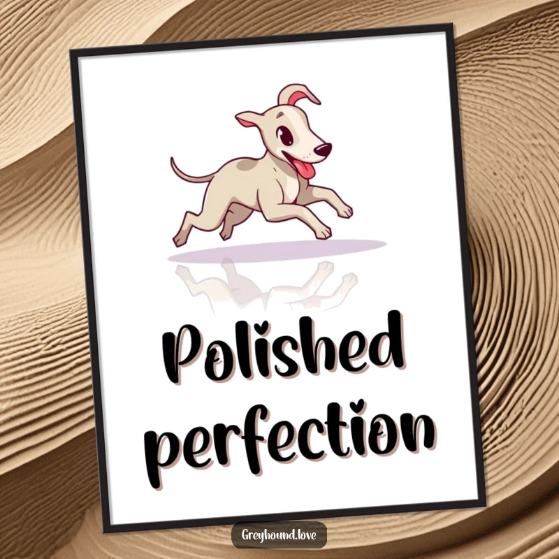 Funny Greyhound Digital Art: A slender greyhound slides playfully across a polished floor, tongue out.