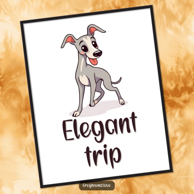Funny, sleek, kawaii greyhound comically trips over its long legs in this digital art, perfect for humorous dog decor.