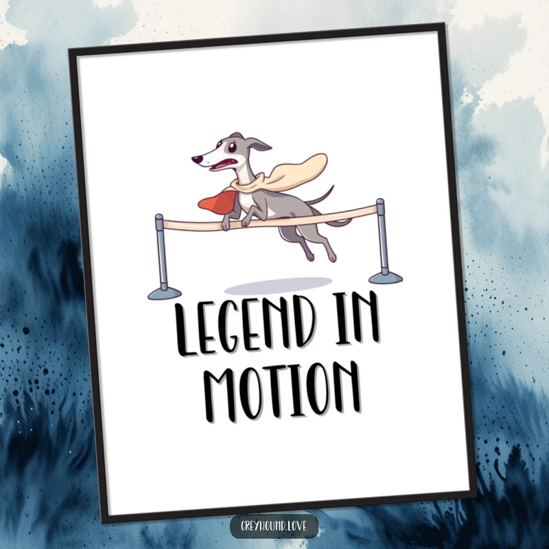 Funny digital art of a greyhound in a cape triumphantly crossing a finish line, ready to be printed.