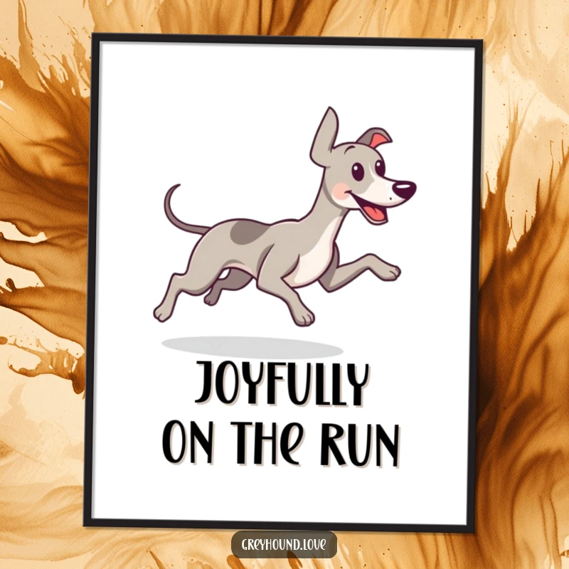 Funny digital art print of a greyhound running with its tail wagging ecstatically, full of life and happiness.