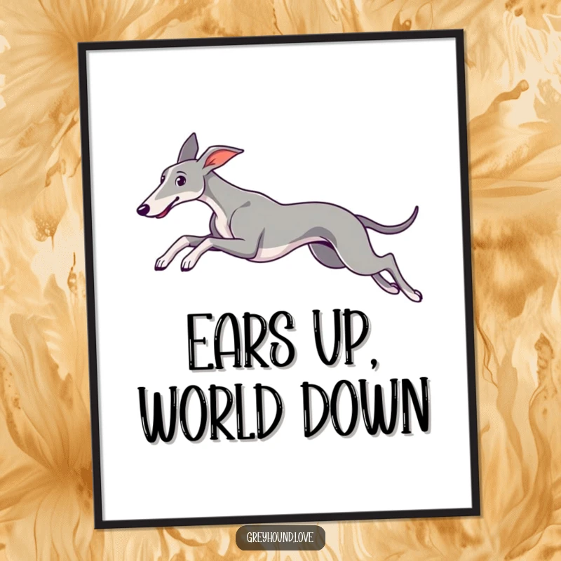Digital art of a sleek greyhound leaping gracefully, ears trailing, ready to be printed and displayed.