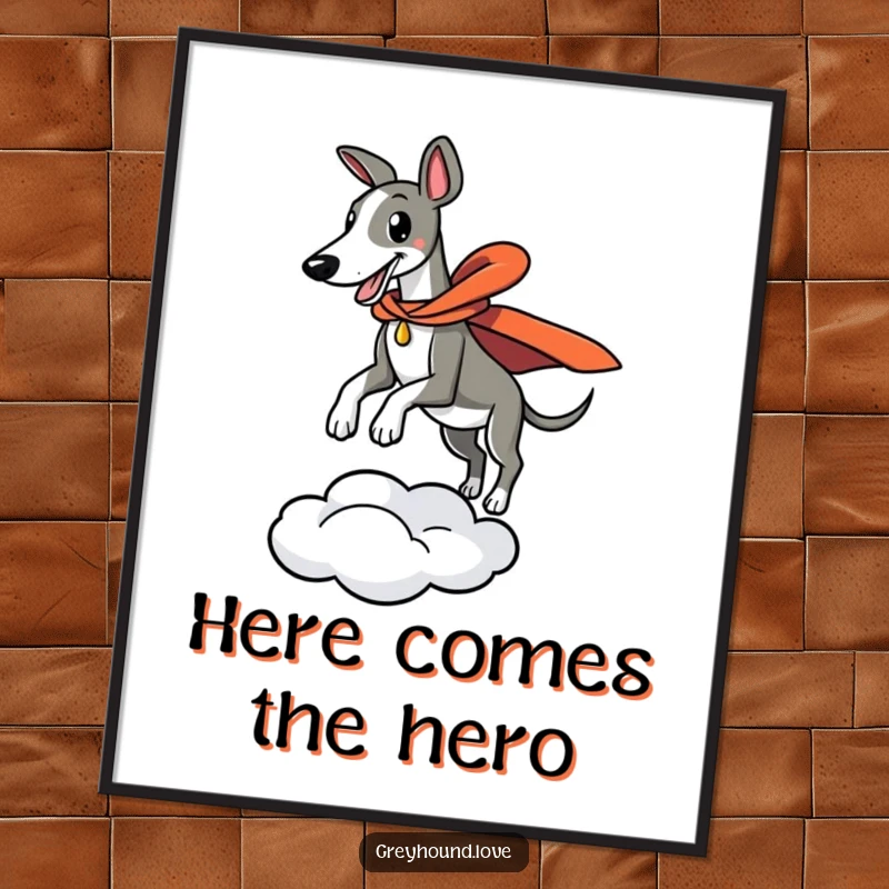 Funny digital art of a greyhound in a cape making a dramatic leap from a cloud, capturing epic movement and humor.