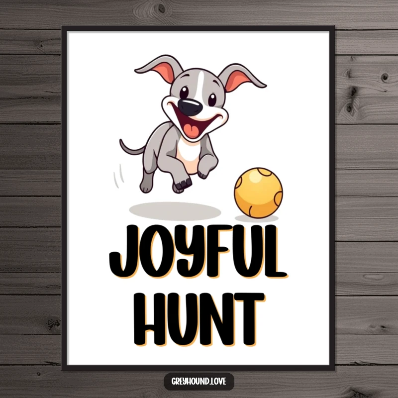 Funny greyhound ball chase digital art print, a lively and energetic piece featuring a dog playing fetch.