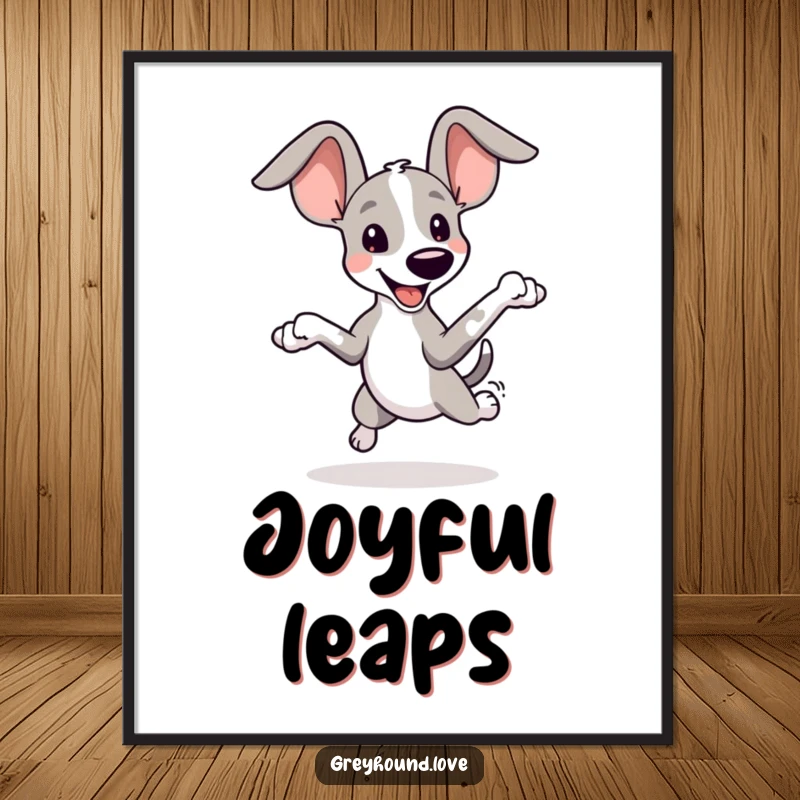 Funny Greyhound Ears Digital Art Print: A playful greyhound with oversized ears leaps joyfully, an image bursting with happiness and humor.