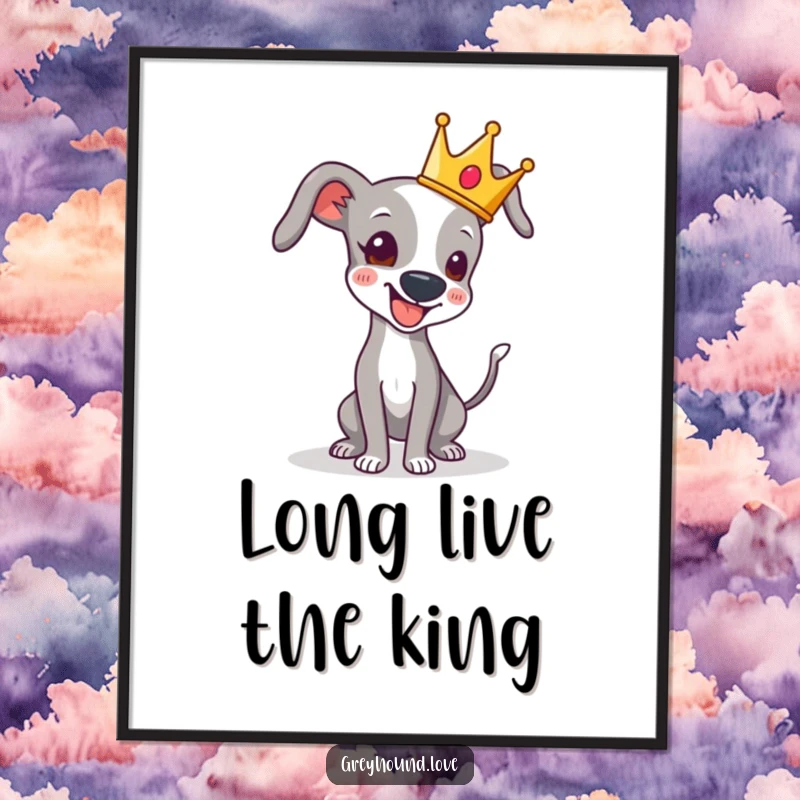 Funny digital art of a greyhound wearing a crown, its tail wagging energetically, radiating playful royalty and charm.