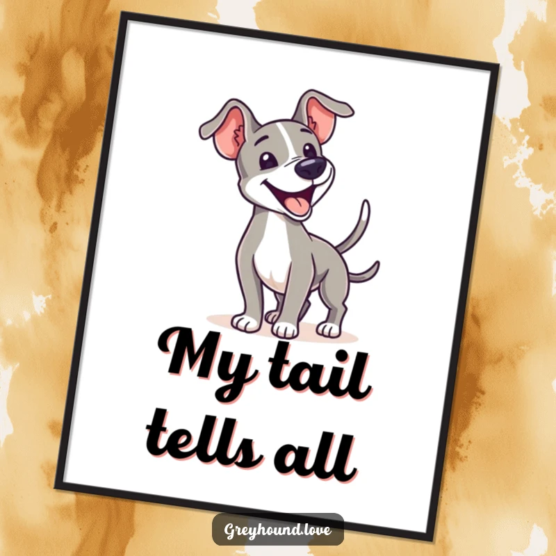 Digital art of a joyful greyhound enthusiastically wagging its tail, ready to be printed and displayed.