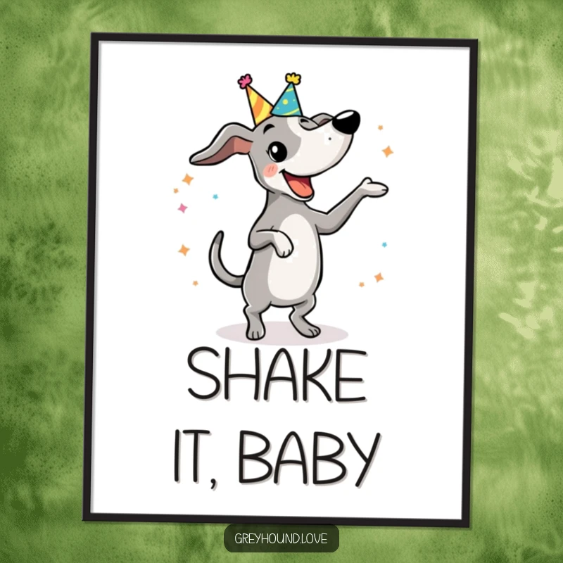 Funny Digital Art Print: A greyhound in a party hat joyfully performs a silly, funny dance, exuding pure celebration.