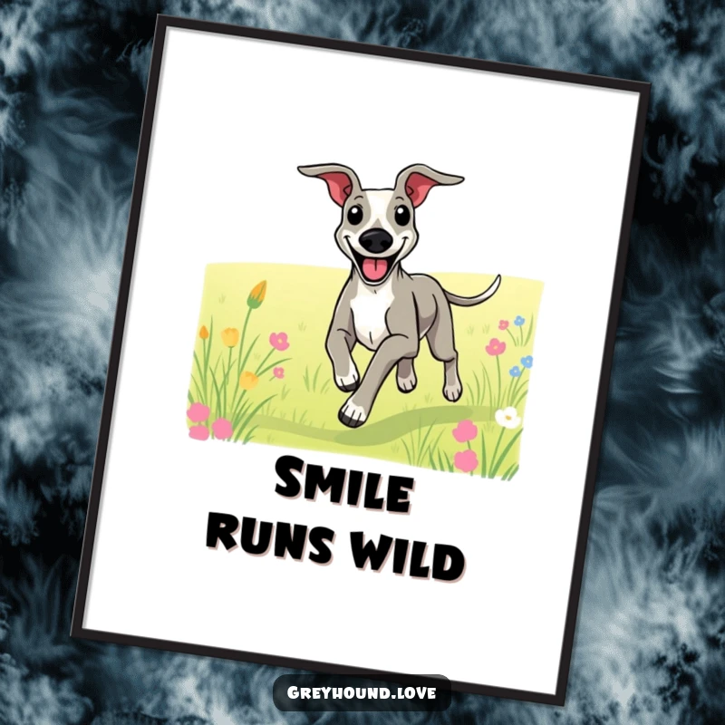 Funny digital art print of a greyhound with a huge smile, joyfully running through a scenic field.