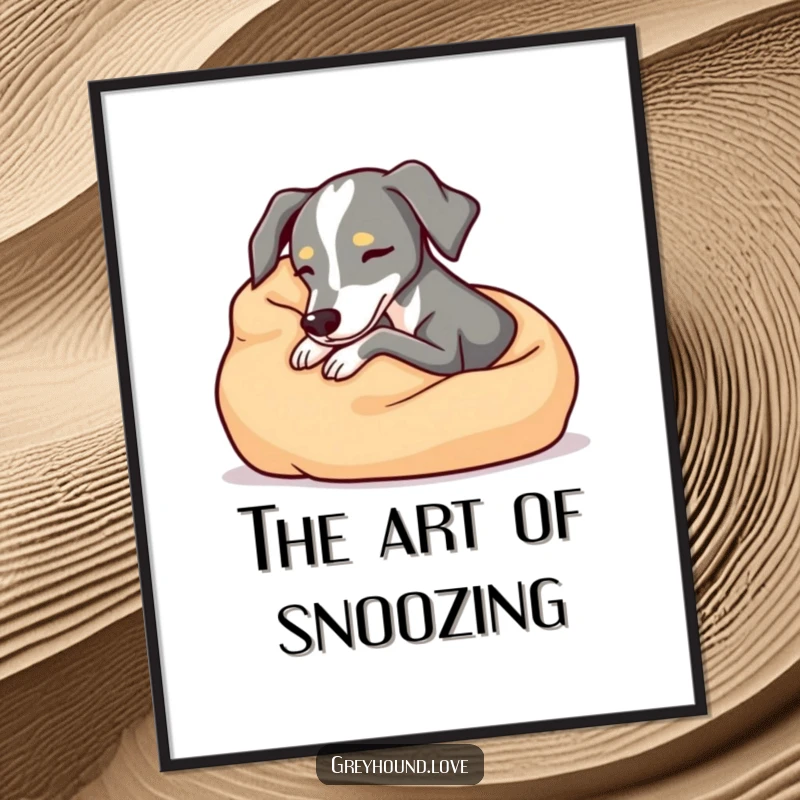 Cozy greyhound digital art, snuggling comfortably in a soft blanket, relaxed and peaceful wall decor, perfect funny gift for instant calm.