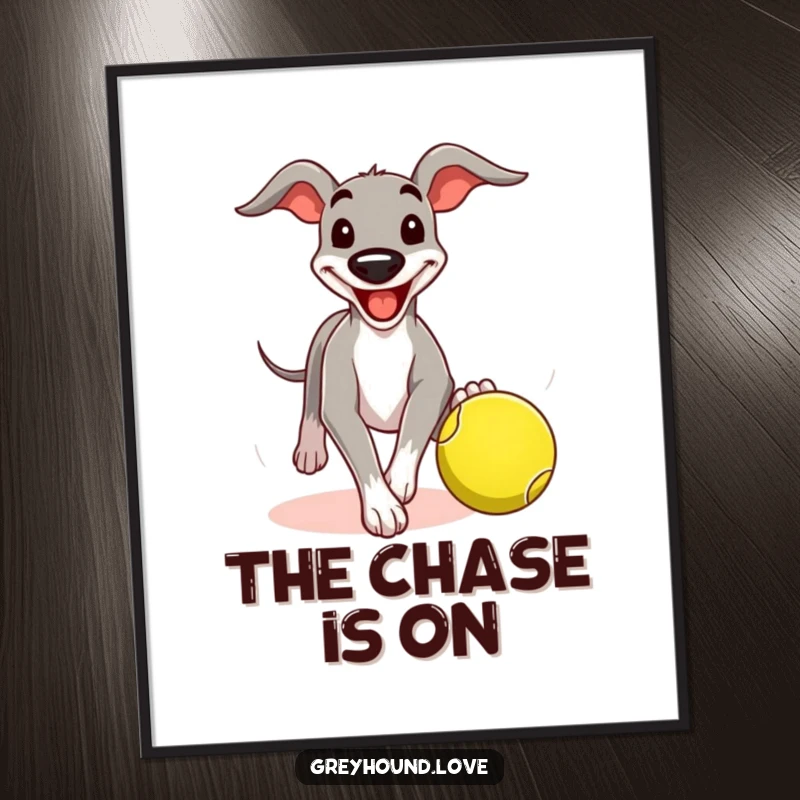 Funny greyhound digital art print of a dog with a comical grin chasing a tennis ball, adding canine humor and playful energy to decor.