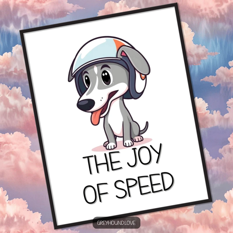 Funny digital art print of a greyhound wearing a racing helmet, tongue lolling out with pure joy.
