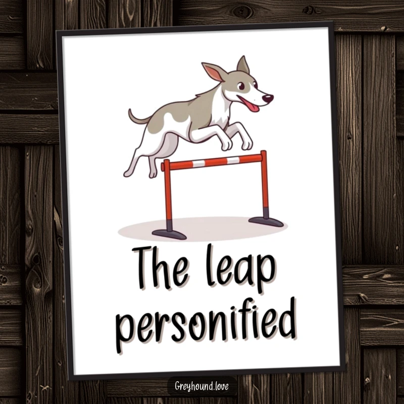 Funny Greyhound digital art print of a stylized dog dynamically leaping over a hurdle, evoking athleticism and fun.