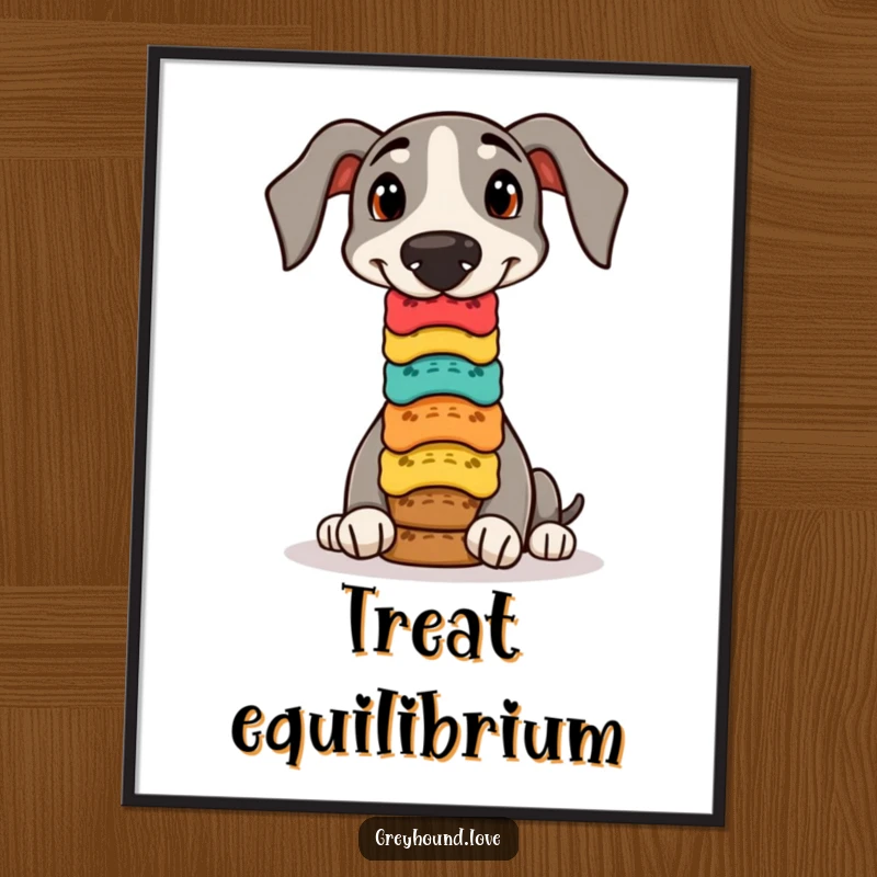 Funny greyhound biscuit balance digital art print, a delightful piece featuring a dog performing an impressive trick.
