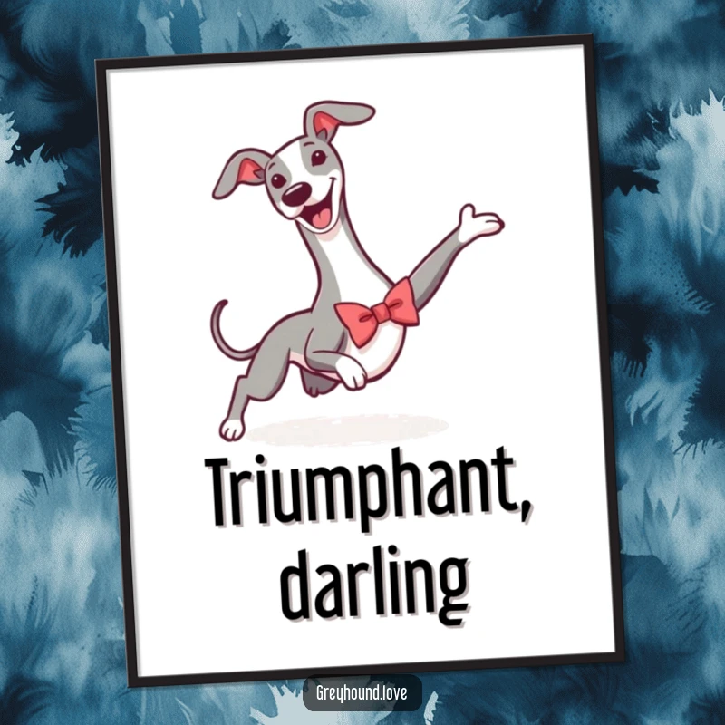 Funny digital art print of a greyhound in a bowtie, performing a dramatic and triumphant slide, ready to download.