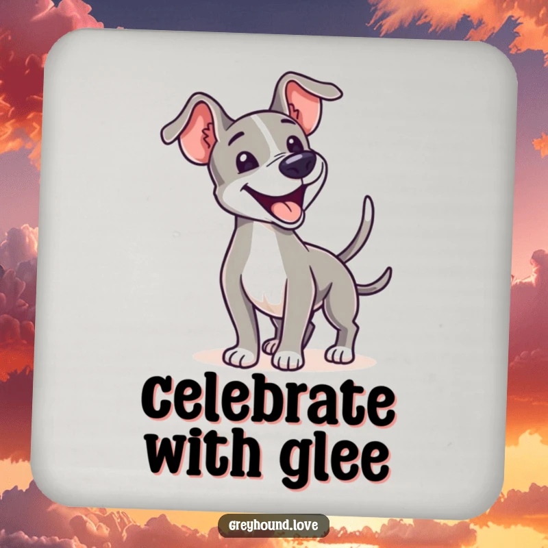 A set of coasters featuring a greyhound enthusiastically wagging its tail, bringing happy vibes to any surface.