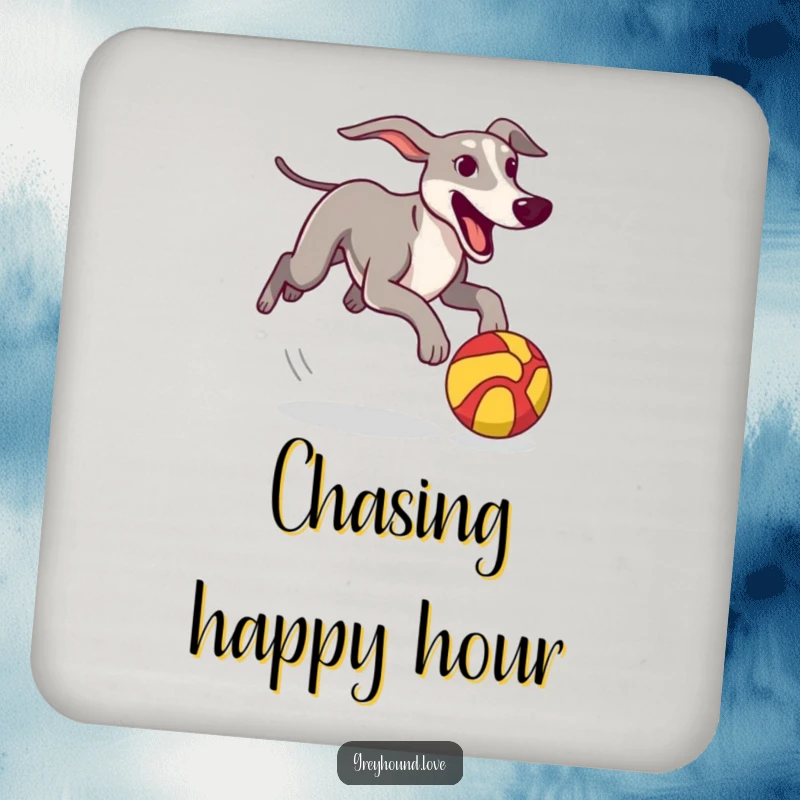 Funny Drink Coasters featuring a greyhound excitedly chasing a colorful, stylized ball, adding humor and surface protection.