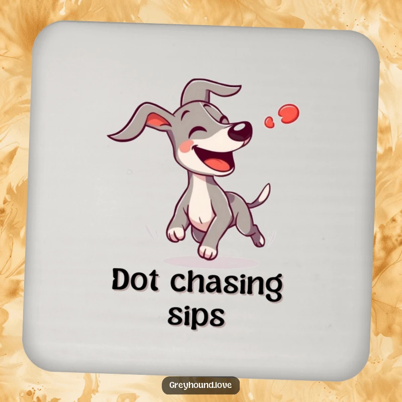 Funny joyful greyhound with ears flapping wildly chasing a blurred red dot on this coaster, offering a humorous dog-themed touch.
