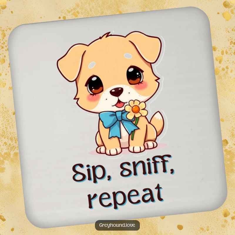 Funny Dog Coaster: A dog wearing a ribbon happily sniffing a flower, adding a touch of sweet, natural beauty to your drinks.